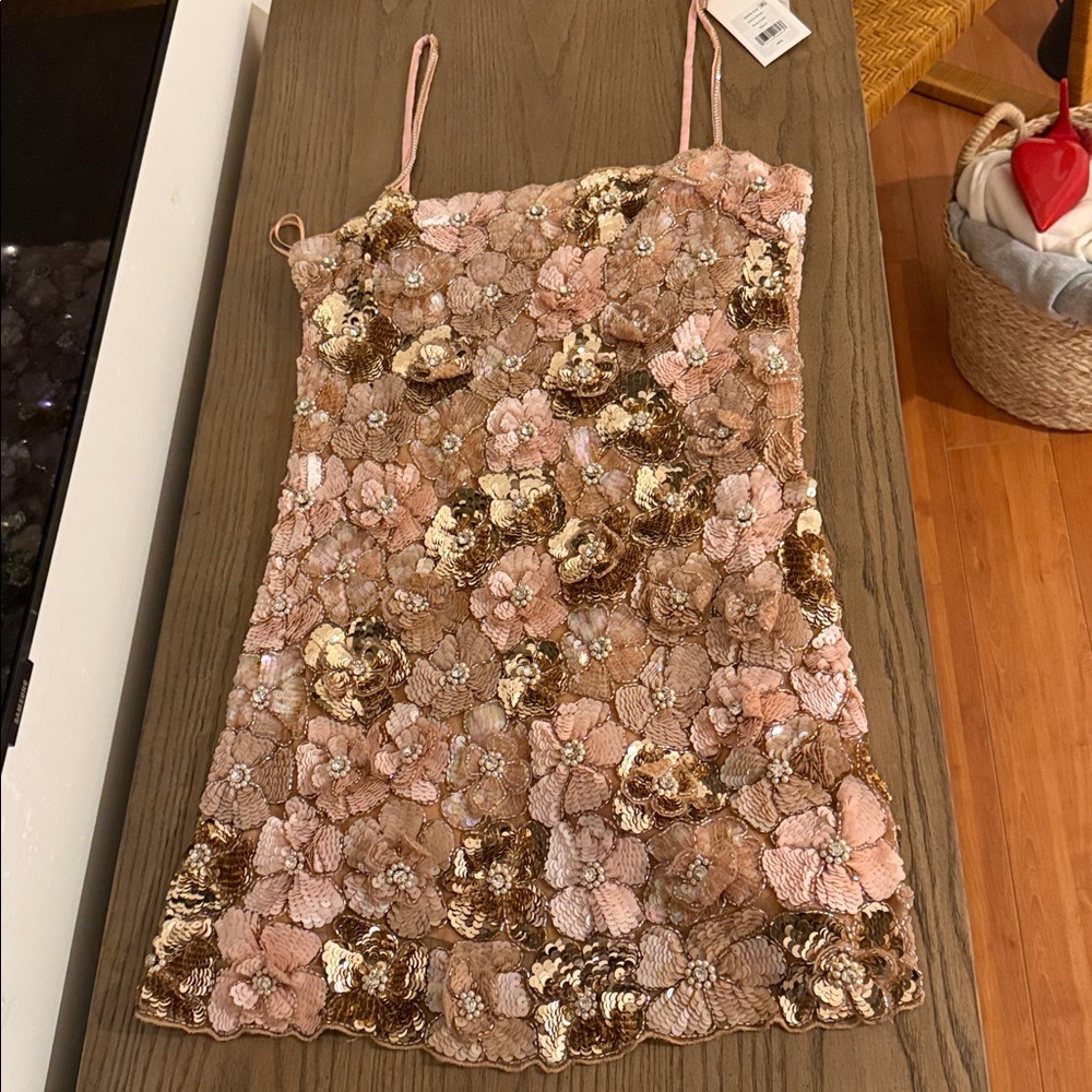 LoveShackFancy Aleria Pink and Gold Sequin Floral Mini Dress - Picture 6 of 14